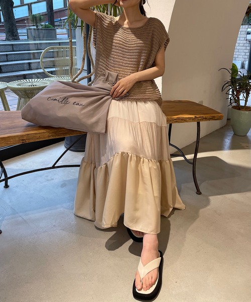 CAMILLE EAU（カミーユオー）の「異素材mixティアードスカート（スカート・レディース・アイボリー/オリーブ・MEDIUM）」の10枚目の写真