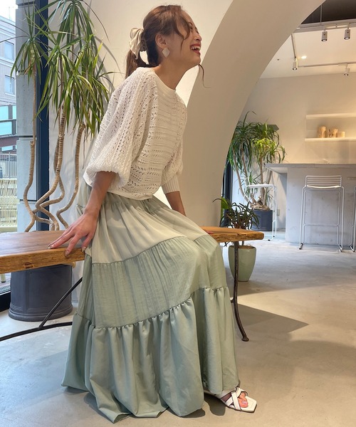 CAMILLE EAU（カミーユオー）の「異素材mixティアードスカート（スカート・レディース・アイボリー/オリーブ・MEDIUM）」の6枚目の写真