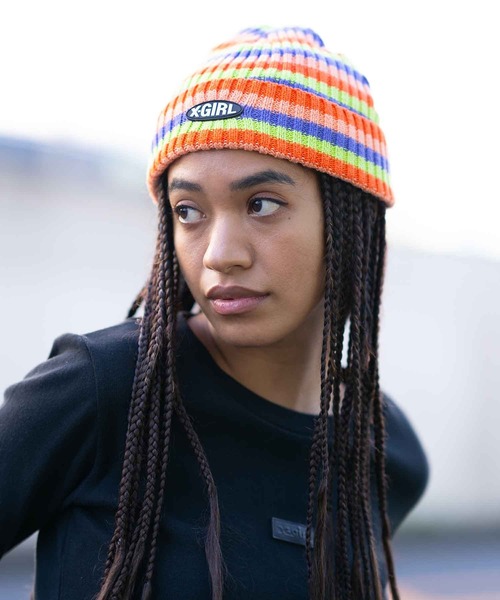 X-girl（エックスガール）の「STRIPED KNIT CAP（ニットキャップ/ビーニー・レディース・マルチ/ブラック/ブルー・ONE SIZE）」の12枚目の写真