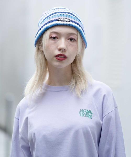 X-girl（エックスガール）の「STRIPED KNIT CAP（ニットキャップ/ビーニー・レディース・マルチ/ブラック/ブルー・ONE SIZE）」の14枚目の写真