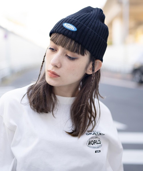 X-girl（エックスガール）の「STRIPED KNIT CAP（ニットキャップ/ビーニー・レディース・マルチ/ブラック/ブルー・ONE SIZE）」の15枚目の写真