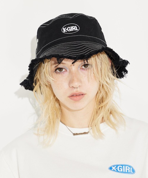 X-girl（エックスガール）の「OVAL LOGO BUCKET HAT（ハット・レディース・ブラック/ブラウン/ブルー・ONE SIZE）」の7枚目の写真