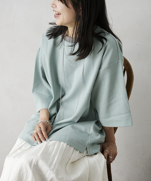 JOURNAL STANDARD relume（ジャーナルスタンダード　レリューム）の「オーバーサイズ ボーダーTシャツ（Tシャツ/カットソー・メンズ・ブラウン/グレー/レッド/ピンク/グリーン/グリーン系その他・MEDIUM/LARGE）」の2枚目の写真