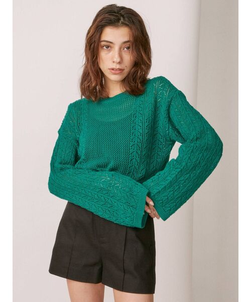 EVRIS（エヴリス）の「シアークロシェレースアップニットトップス（ニット/セーター・レディース・ホワイト/ブラック/グリーン・FREE）」の5枚目の写真