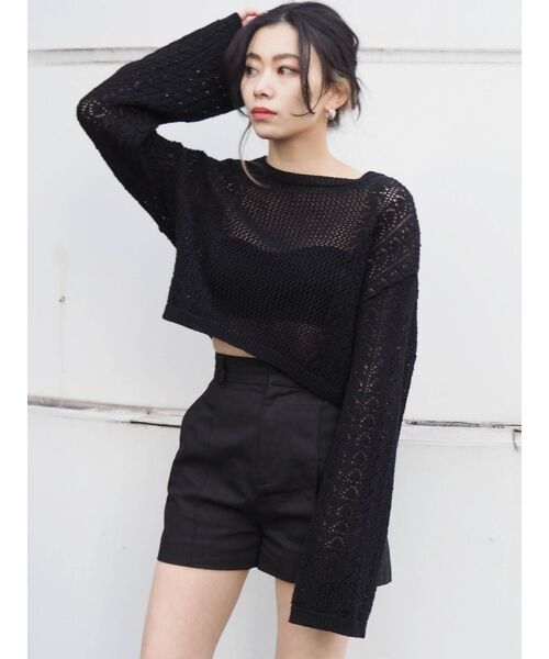 EVRIS（エヴリス）の「シアークロシェレースアップニットトップス（ニット/セーター・レディース・ホワイト/ブラック/グリーン・FREE）」の12枚目の写真