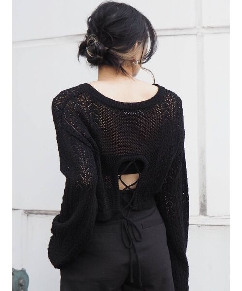 EVRIS（エヴリス）の「シアークロシェレースアップニットトップス（ニット/セーター・レディース・ホワイト/ブラック/グリーン・FREE）」の14枚目の写真