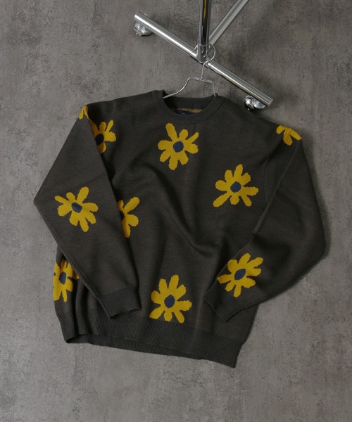 Art re A select（アトリエセレクト）の「DAISYFLOWER OVERSIZED KNIT/7Gボリュームニット デイジー柄 ダブルジャガード オーバーサイズ　クルーセーター（ニット/セーター・メンズ・チャコールグレー/ネイビー/ライトグレー/アイボリー・L/M）」の3枚目の写真
