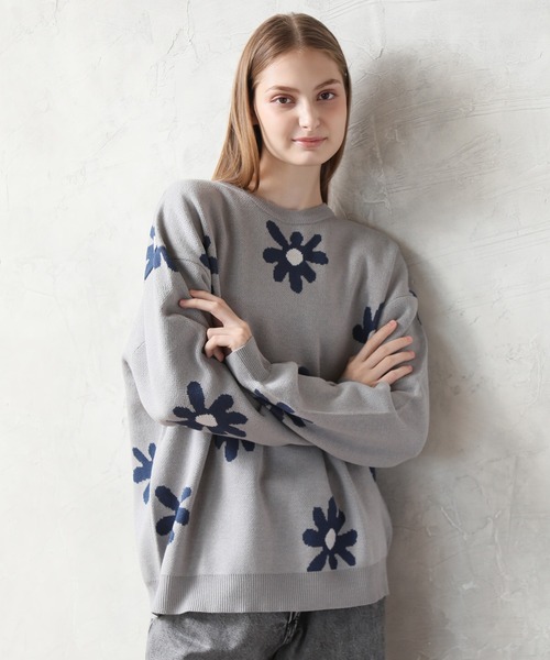 Art re A select（アトリエセレクト）の「DAISYFLOWER OVERSIZED KNIT/7Gボリュームニット デイジー柄 ダブルジャガード オーバーサイズ　クルーセーター（ニット/セーター・メンズ・チャコールグレー/ネイビー/ライトグレー/アイボリー・L/M）」の18枚目の写真
