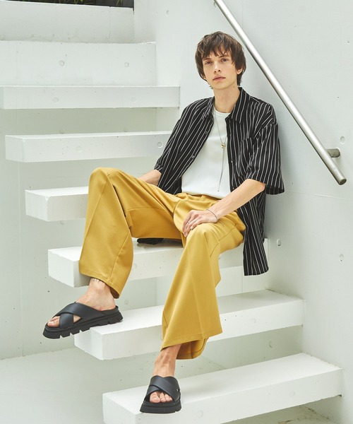 EMMA CLOTHES(エマクローズ)の「ドレープルーズオーバーストライプレギュラーカラー半袖シャツ EMMA CLOTHES 2023SS(シャツ/ブラウス・メンズ・グリーン/マスタード/ブラック/ピンク系/ホワイト・L/M)」の6枚目の写真