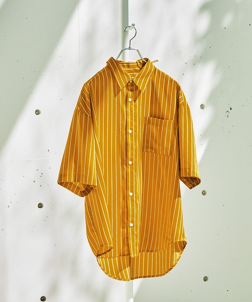 EMMA CLOTHES(エマクローズ)の「ドレープルーズオーバーストライプレギュラーカラー半袖シャツ EMMA CLOTHES 2023SS(シャツ/ブラウス・メンズ・グリーン/マスタード/ブラック/ピンク系/ホワイト・L/M)」の16枚目の写真