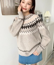 ミックスアルパカライク求心ジャガードニットプルオーバー〈手洗い可能〉