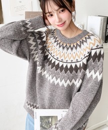ミックスアルパカライク求心ジャガードニットプルオーバー〈手洗い可能〉