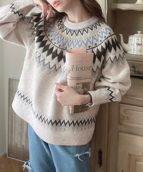正規品♡アイスジャガード上下セット♡オフホワイト セール】5Gミックスアルパカライク求心ジャガードニットプル