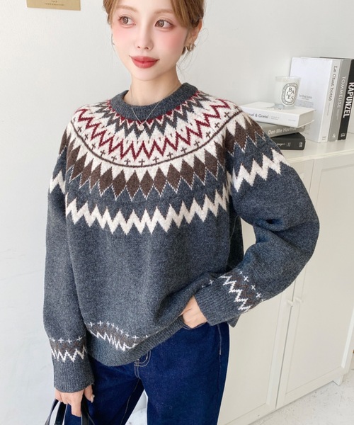 セール】5Gミックスアルパカライク求心ジャガードニットプル
