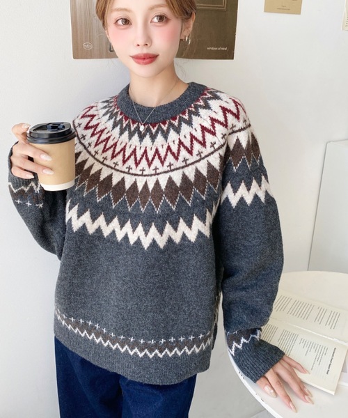 セール】5Gミックスアルパカライク求心ジャガードニットプル