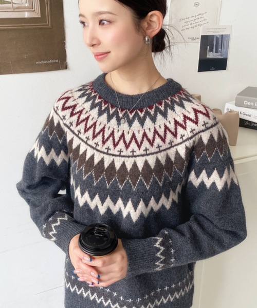 セール】5Gミックスアルパカライク求心ジャガードニットプルオーバー