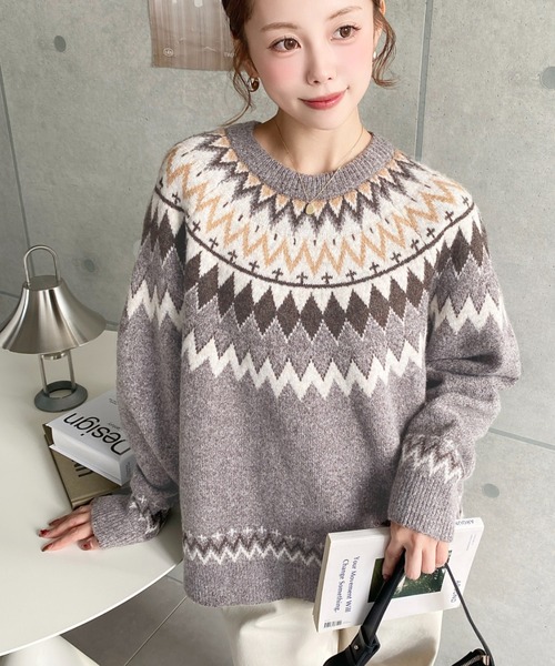 AMERI ジャガードニットプルオーバー AMERICAN HOLIC ニット セーター バイパチTHANKS.ジャガードニットプル