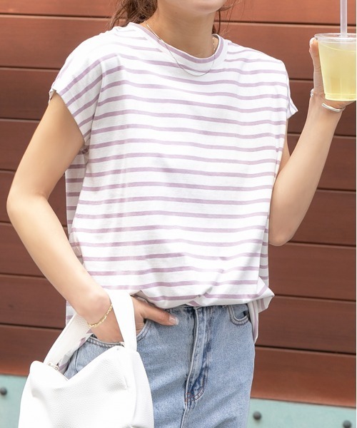 ad thie(アドティエ)の「ボーダーTシャツ フレンチスリーブ クルーネック(Tシャツ/カットソー・レディース・ピンク/オフホワイト/グレー/モカ/ブルー・LARGE/MEDIUM)」の5枚目の写真