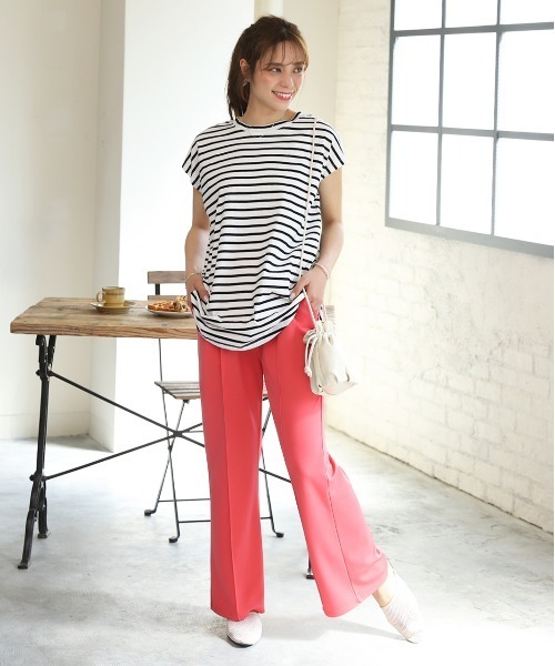 ad thie(アドティエ)の「ボーダーTシャツ フレンチスリーブ クルーネック(Tシャツ/カットソー・レディース・ピンク/オフホワイト/グレー/モカ/ブルー・LARGE/MEDIUM)」の9枚目の写真
