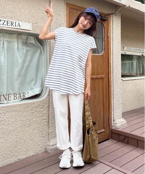 ad thie(アドティエ)の「ボーダーTシャツ フレンチスリーブ クルーネック(Tシャツ/カットソー・レディース・ピンク/オフホワイト/グレー/モカ/ブルー・LARGE/MEDIUM)」の13枚目の写真