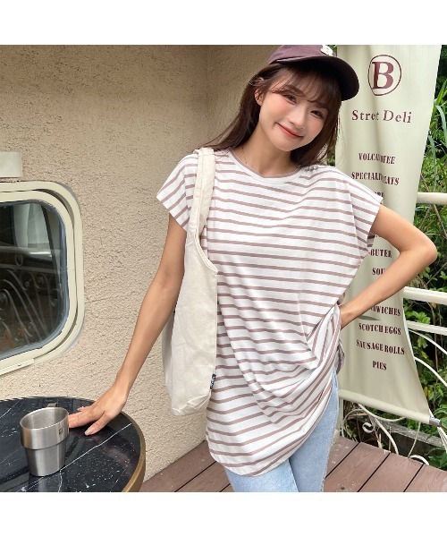 ad thie(アドティエ)の「ボーダーTシャツ フレンチスリーブ クルーネック(Tシャツ/カットソー・レディース・ピンク/オフホワイト/グレー/モカ/ブルー・LARGE/MEDIUM)」の16枚目の写真