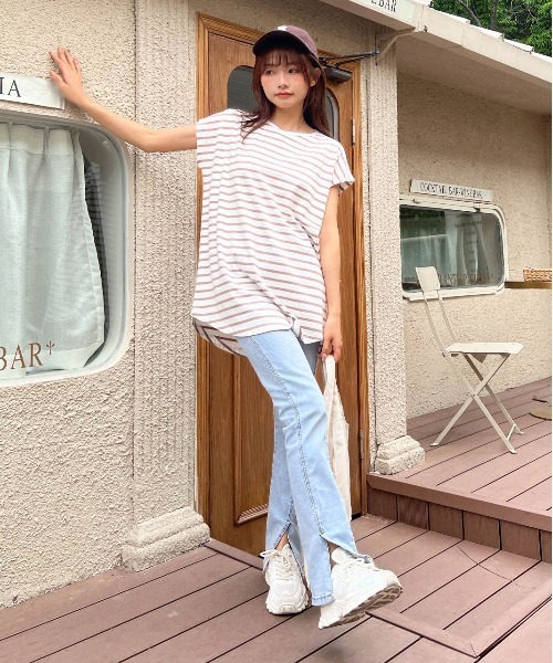 ad thie(アドティエ)の「ボーダーTシャツ フレンチスリーブ クルーネック(Tシャツ/カットソー・レディース・ピンク/オフホワイト/グレー/モカ/ブルー・LARGE/MEDIUM)」の17枚目の写真