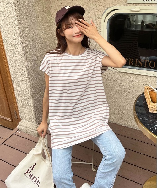 ad thie(アドティエ)の「ボーダーTシャツ フレンチスリーブ クルーネック(Tシャツ/カットソー・レディース・ピンク/オフホワイト/グレー/モカ/ブルー・LARGE/MEDIUM)」の18枚目の写真