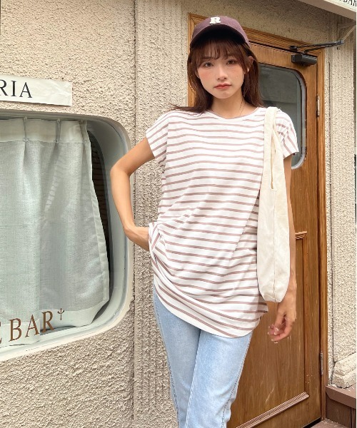ad thie(アドティエ)の「ボーダーTシャツ フレンチスリーブ クルーネック(Tシャツ/カットソー・レディース・ピンク/オフホワイト/グレー/モカ/ブルー・LARGE/MEDIUM)」の19枚目の写真