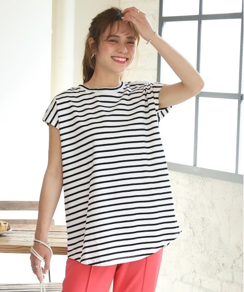 ad thie(アドティエ)の「ボーダーTシャツ フレンチスリーブ クルーネック(Tシャツ/カットソー・レディース・ピンク/オフホワイト/グレー/モカ/ブルー・LARGE/MEDIUM)」の6枚目の写真