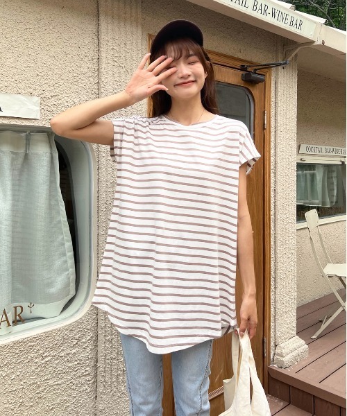 ad thie(アドティエ)の「ボーダーTシャツ フレンチスリーブ クルーネック(Tシャツ/カットソー・レディース・ピンク/オフホワイト/グレー/モカ/ブルー・LARGE/MEDIUM)」の15枚目の写真