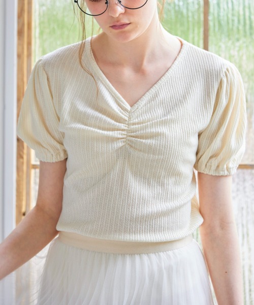 AMAIL（アマイル）の「【annleya】シャーリングトップス（Tシャツ/カットソー・レディース・ブルー/ホワイト・FREE）」の6枚目の写真