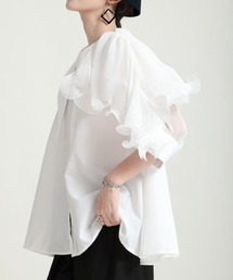 アシメデザイン肩異素材BIG襟ブラウス