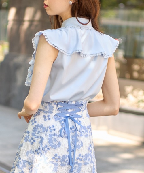 TOCCO closet - 【新品】トッコ クローゼット ラインレース装飾ラッフルフリルブラウス 黒 ラインレース装飾ラッフルフリルブラウス