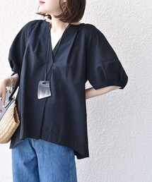 SHIPS | * 〈手洗い可能〉シアサッカー フォルム スリーブ スキッパー ブラウス◆(シャツ/ブラウス)