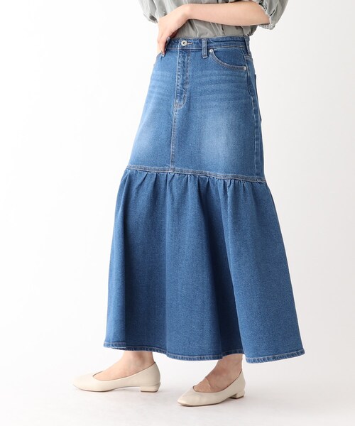 OPAQUE.CLIP（オペークドットクリップ）の「◆ストレッチデニム 切り替えフレアスカート/オーガニックコットン混【洗濯機洗い可】（デニムスカート・レディース・ブルー/チャコールグレー/ネイビー・36/38）」の3枚目の写真