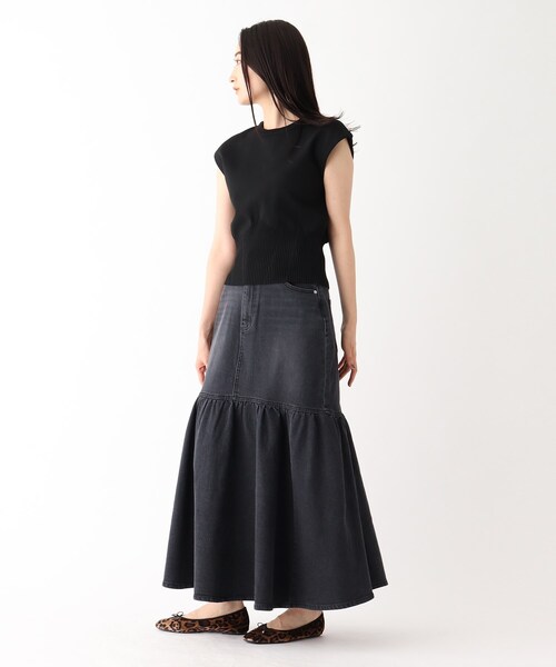 OPAQUE.CLIP（オペークドットクリップ）の「◆ストレッチデニム 切り替えフレアスカート/オーガニックコットン混【洗濯機洗い可】（デニムスカート・レディース・ブルー/チャコールグレー/ネイビー・36/38）」の5枚目の写真