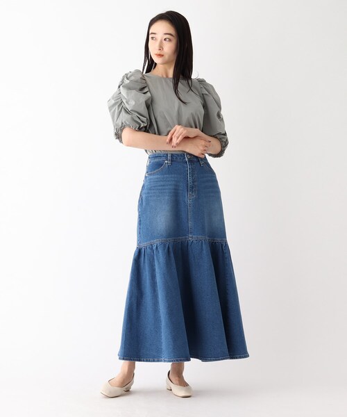 OPAQUE.CLIP（オペークドットクリップ）の「◆ストレッチデニム 切り替えフレアスカート/オーガニックコットン混【洗濯機洗い可】（デニムスカート・レディース・ブルー/チャコールグレー/ネイビー・36/38）」の12枚目の写真