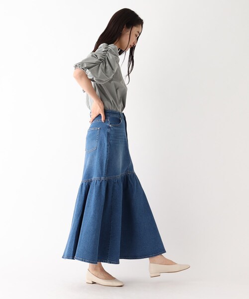 OPAQUE.CLIP（オペークドットクリップ）の「◆ストレッチデニム 切り替えフレアスカート/オーガニックコットン混【洗濯機洗い可】（デニムスカート・レディース・ブルー/チャコールグレー/ネイビー・36/38）」の14枚目の写真