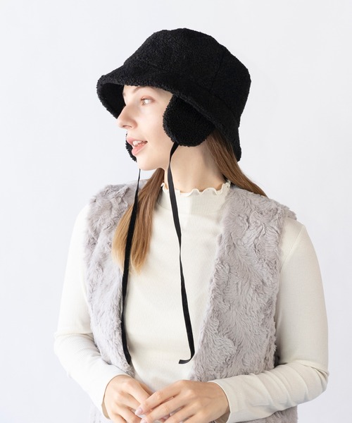 14+（イチヨンプラス）の「ボア耳付きバケットハット / イヤーニットCAP（ハット・レディース・アイボリー/ブラック/グリーン/サーモンピンク/ベージュ・MEDIUM）」の7枚目の写真