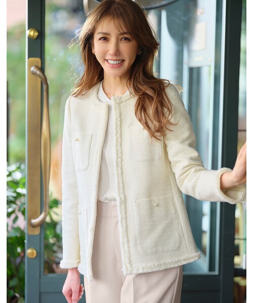 OPAQUE.CLIP(オペークドットクリップ)の「◆≪通勤・セレモニー/セットアップ対応≫ コットンツイードミドルジャケット(ノーカラージャケット・レディース・ブラック系3/ネイビー/オフホワイト・42/40/38/36)」の4枚目の写真