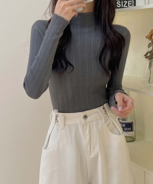 Girly Doll（ガーリードール）の「ボトルネックランダムリブニットトップス（ニット/セーター・レディース・グリーン/ブラック/モカ/ベージュ/ホワイト/グレー/ダークグレー・F）」の17枚目の写真