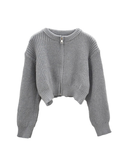 セリーヌ　グレー　ショート丈ジップアップニットジャケット（カーディガン） Reurie'（レウリィ）の「【ZOZO限定】ショートジップ