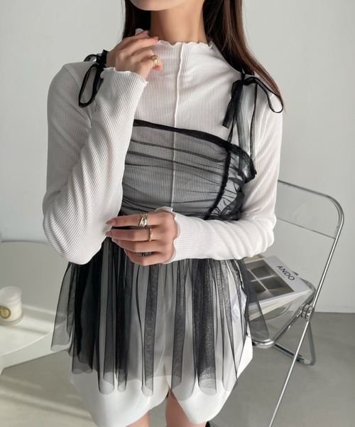Ada.（エイダ）の「【インナー×ビスチェセット】チュール ビスチェ セット テレコ リブトップス（Tシャツ/カットソー・レディース・ブラック/ピンク/アイボリー・FREE）」の15枚目の写真