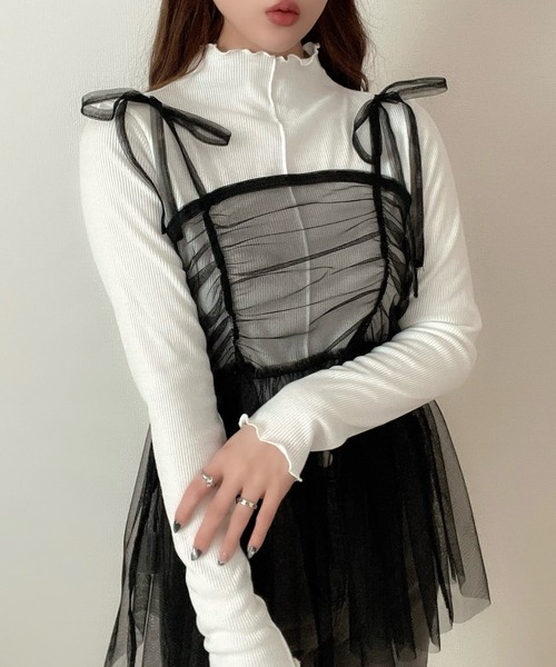 Ada.（エイダ）の「【インナー×ビスチェセット】チュール ビスチェ セット テレコ リブトップス（Tシャツ/カットソー・レディース・ブラック/ピンク/アイボリー・FREE）」の7枚目の写真