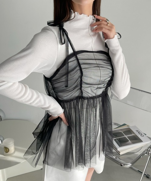 Ada.（エイダ）の「【インナー×ビスチェセット】チュール ビスチェ セット テレコ リブトップス（Tシャツ/カットソー・レディース・ブラック/ピンク/アイボリー・FREE）」の10枚目の写真