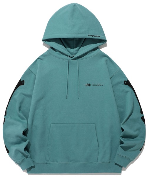 NICE GHOST CLUB（ナイスゴーストクラブ）の「A'GEM/9 × .kom『NICE GHOST CLUB/ナイスゴーストクラブ』 RIB HOODIE/ボーンデザイン プルオーバーパーカー（パーカー・メンズ・ブルー/チャコールグレー・L/M）」の3枚目の写真