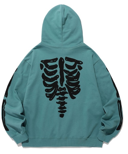 NICE GHOST CLUB（ナイスゴーストクラブ）の「A'GEM/9 × .kom『NICE GHOST CLUB/ナイスゴーストクラブ』 RIB HOODIE/ボーンデザイン プルオーバーパーカー（パーカー・メンズ・ブルー/チャコールグレー・L/M）」の4枚目の写真