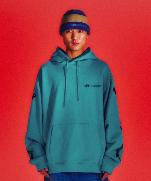 NICE GHOST CLUB（ナイスゴーストクラブ）の「A'GEM/9 × .kom『NICE GHOST CLUB/ナイスゴーストクラブ』 RIB HOODIE/ボーンデザイン プルオーバーパーカー（パーカー・メンズ・ブルー/チャコールグレー・L/M）」の11枚目の写真