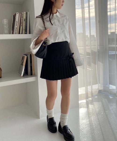 one after another NICE CLAUP(ワンアフターアナザーナイスクラップ)の「リボン付きプリーツスカパン(スカート・レディース・アイボリー/ブラック/杢グレー/ベージュ・FREE)」の10枚目の写真