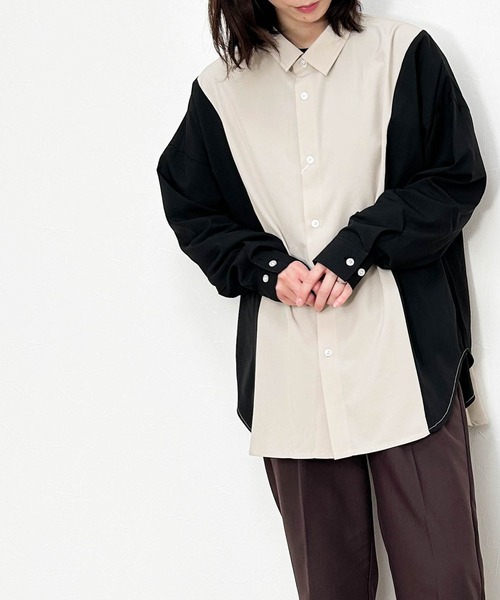 Ritzy(リッツィー)の「ポリストレッチ バイカラーLSシャツ レディース メンズ(シャツ/ブラウス・メンズ・ホワイト/ブラック/ベージュ・X-LARGE/LARGE/MEDIUM)」の3枚目の写真